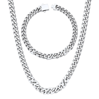 Custom 3 name Name Cuban Link Necklace Bracelet Set on a white background