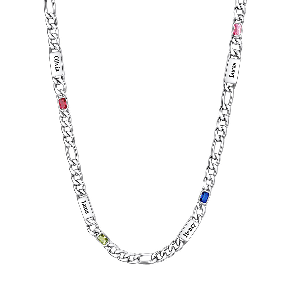 Custom  4-Name Birthstone Figaro Chain Necklace on a white background