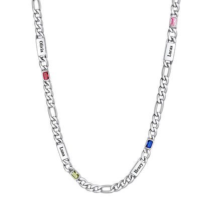 Custom  4-Name Birthstone Figaro Chain Necklace on a white background