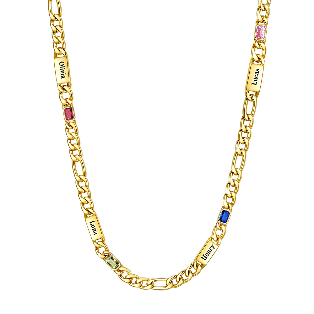 Custom 4-Name Birthstone Figaro Chain Necklace on a white background Gold Plated