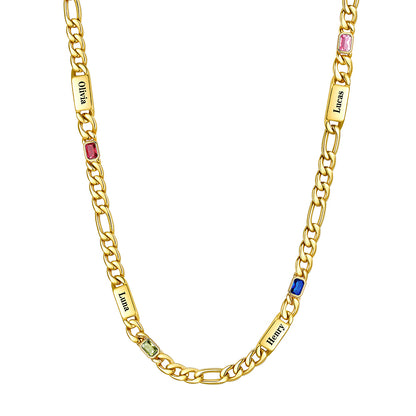 Custom 4-Name Birthstone Figaro Chain Necklace on a white background Gold Plated