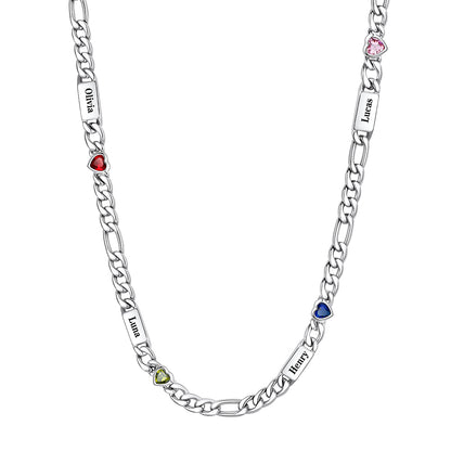 Custom 4-Name Heart Birthstone Figaro Chain Necklace on a white background 