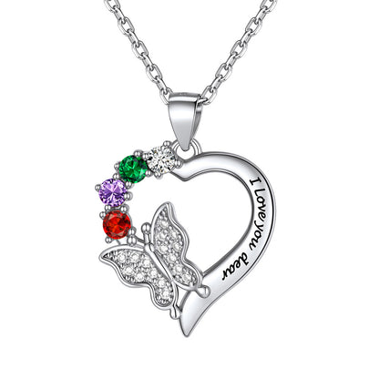 Custom 4 Birthstones Butterfly Heart Necklace 