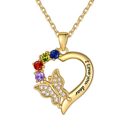 Custom 4 Birthstones Butterfly Heart Necklace Gold Plated