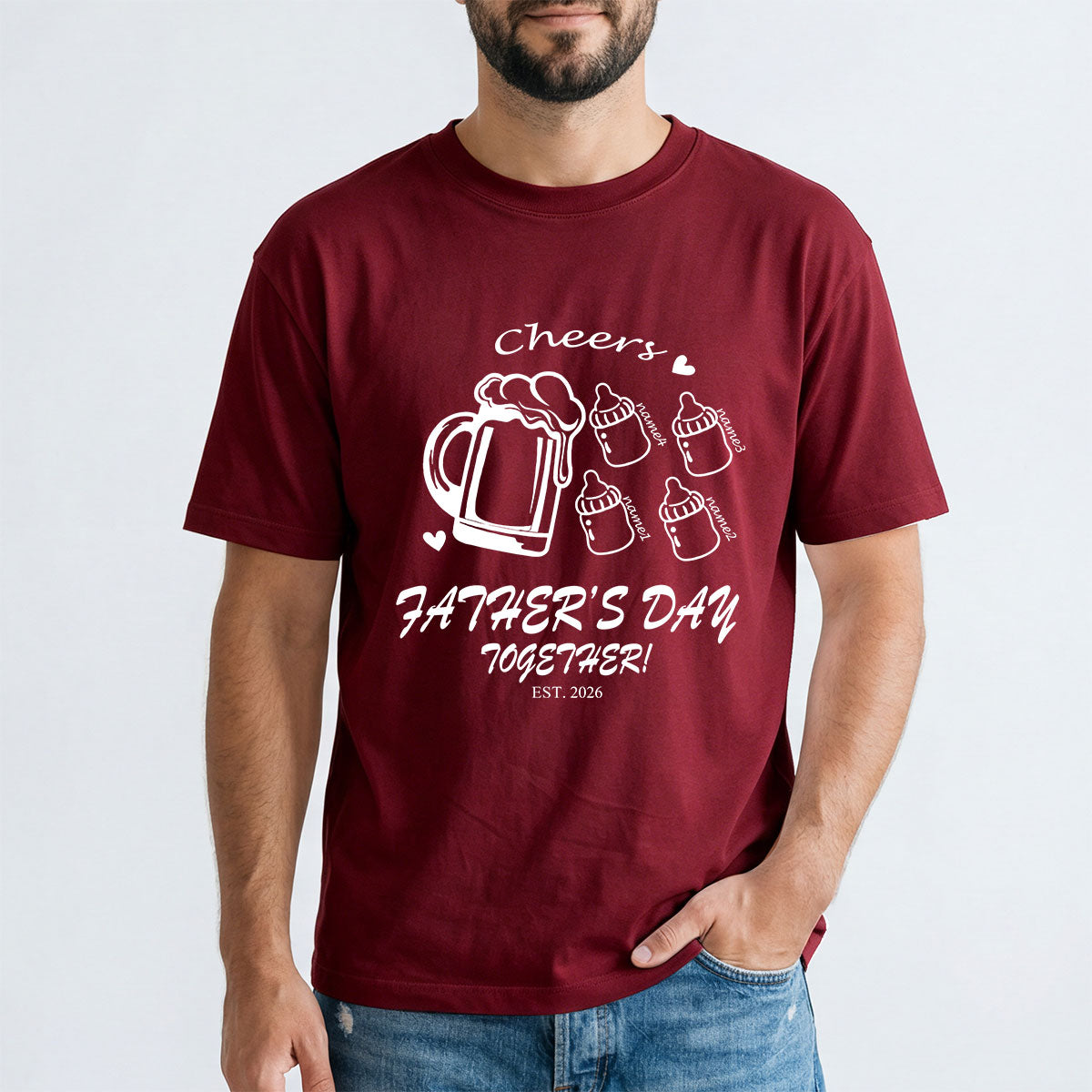 Custom 4 Name Cheers Bottle T Shirt for Dad Dark Red