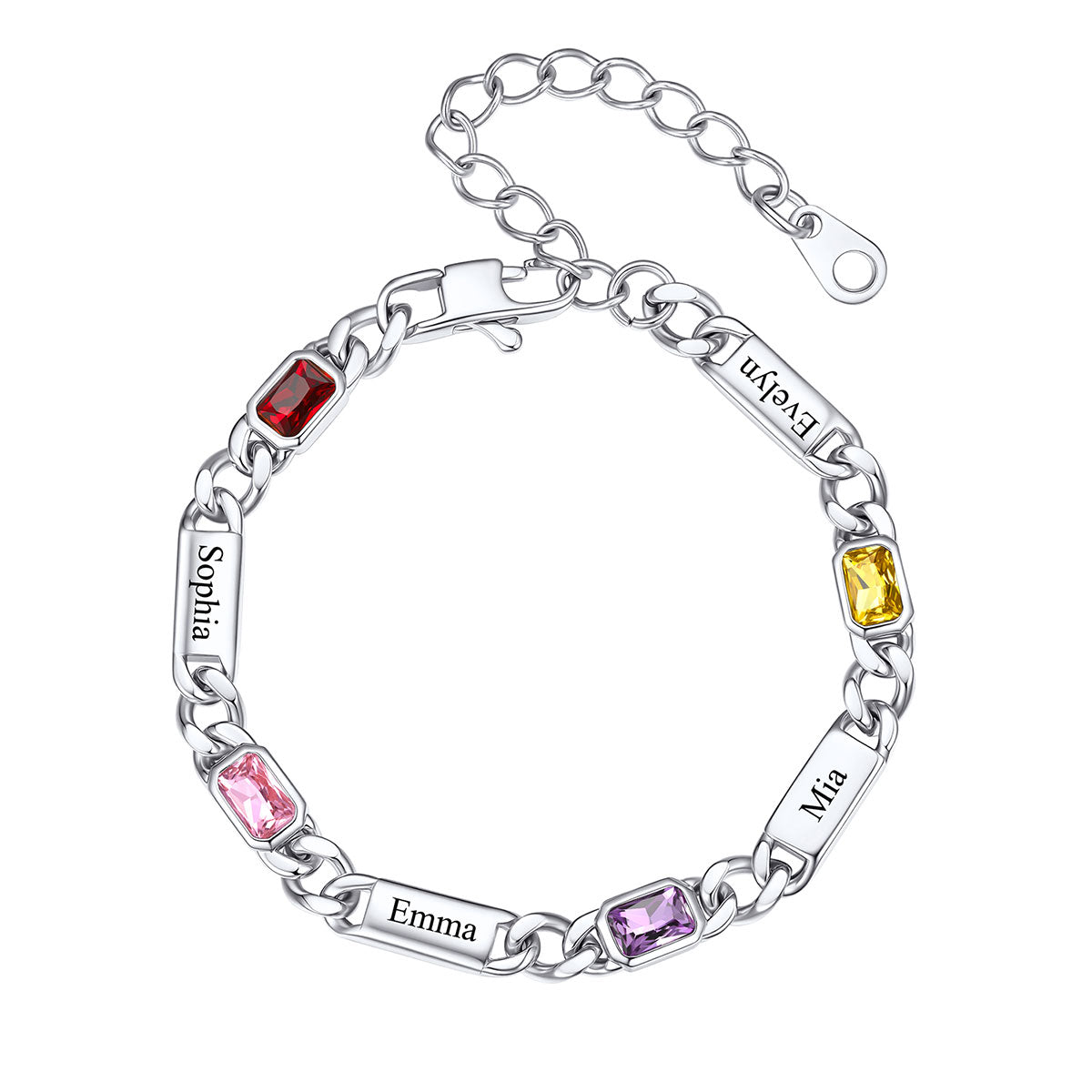 Custom 4 Name Cuban Chain Bracelet with rectangle Birthstone on a white background