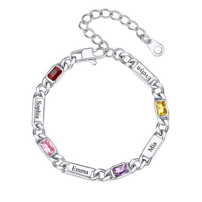 Custom 4 Name Cuban Chain Bracelet with rectangle Birthstone on a white background