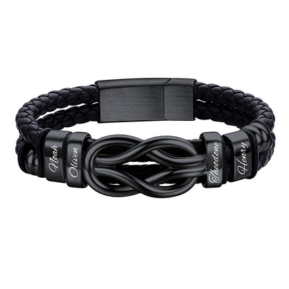 Custom 4 Name Infinity Love Knot Leather Bracelet for Men on a white background Black Plated