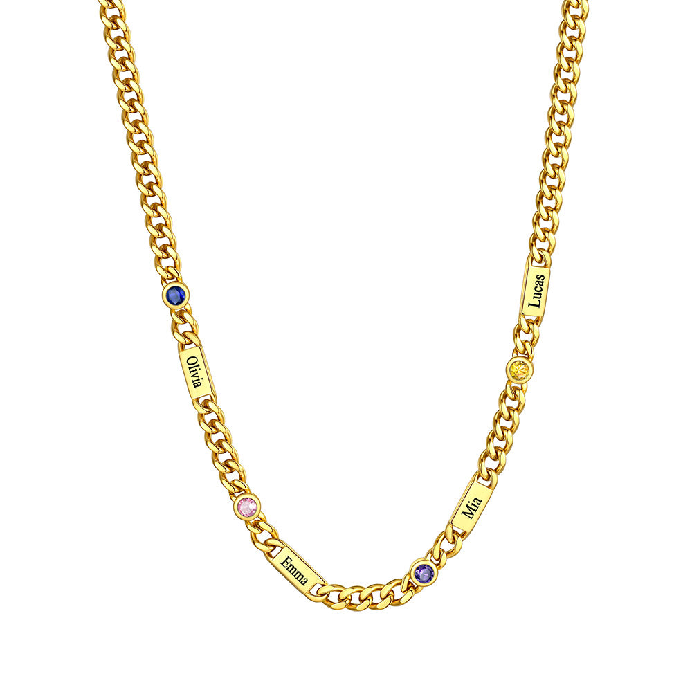 Custom 4 Names Necklace with Round Birthstone Gold Plated