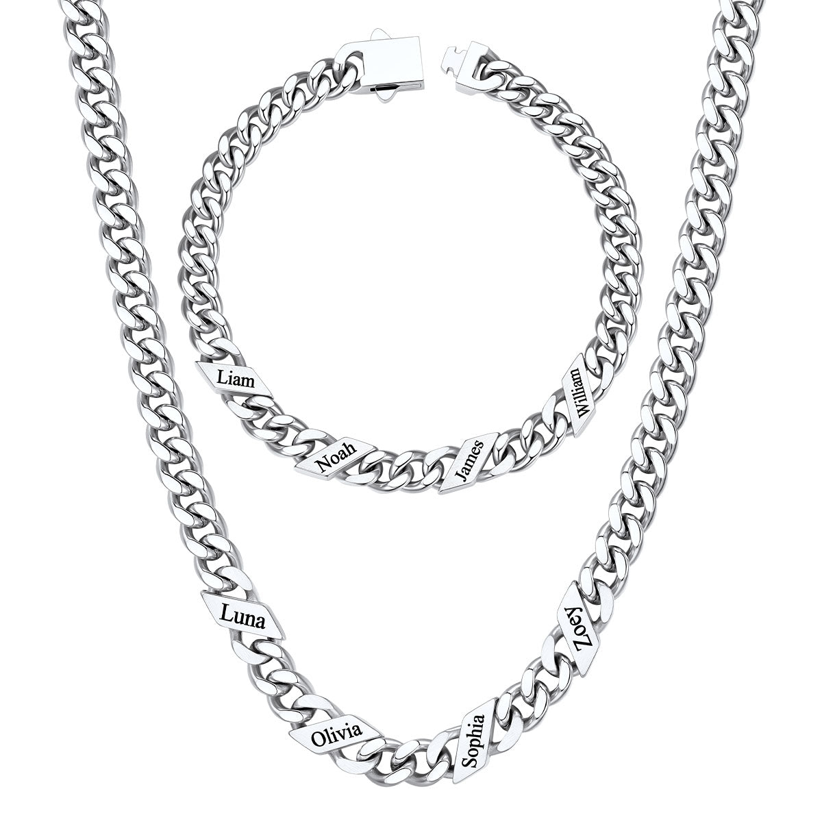 Custom 4 name Name Cuban Link Necklace Bracelet Set on a white background