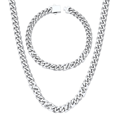 Custom 4 name Name Cuban Link Necklace Bracelet Set on a white background