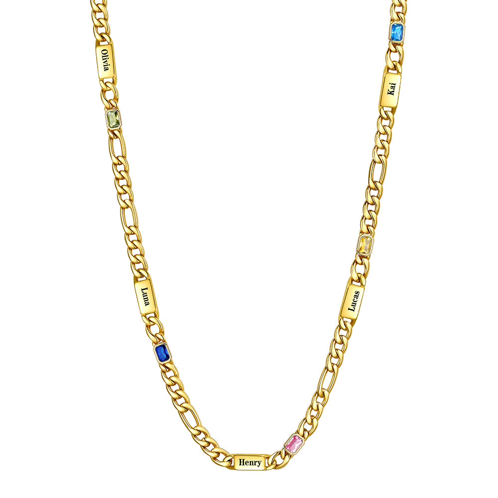 Custom 5-Name Birthstone Figaro Chain Necklace on a white background Gold Plated