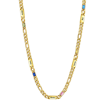 Custom 5-Name Birthstone Figaro Chain Necklace on a white background Gold Plated