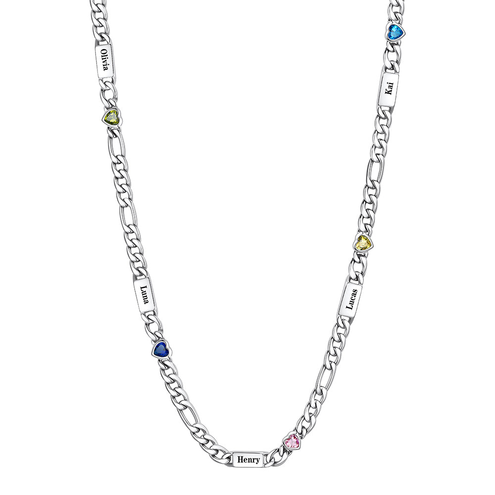 Custom 5-Name Heart Birthstone Figaro Chain Necklace on a white background 