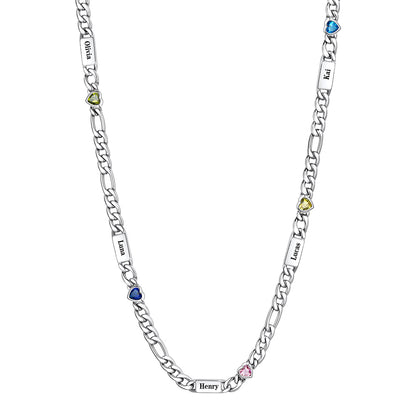 Custom 5-Name Heart Birthstone Figaro Chain Necklace on a white background 