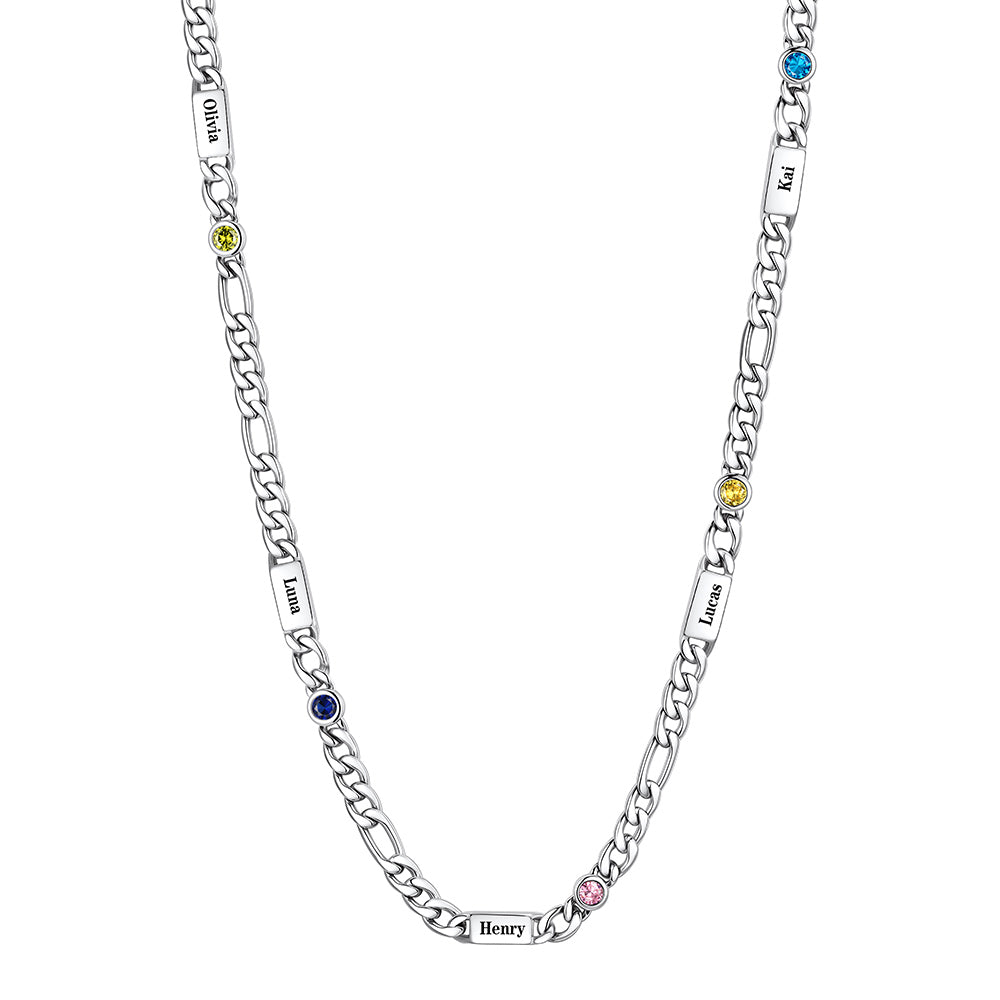 Custom 5-Name Round Birthstone Figaro Chain Necklace on a white background 
