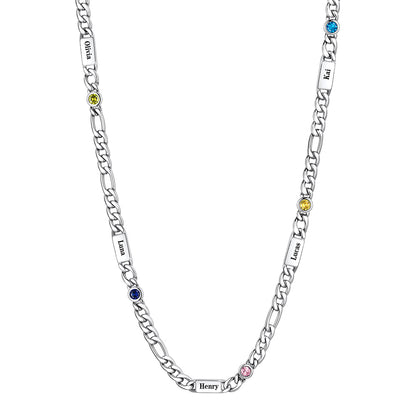 Custom 5-Name Round Birthstone Figaro Chain Necklace on a white background 