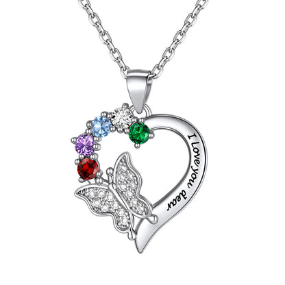 Custom 5 Birthstones Butterfly Heart Necklace 