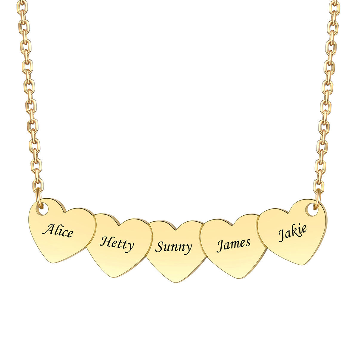 Custom 5 Hearts Name Necklace Gold Plated