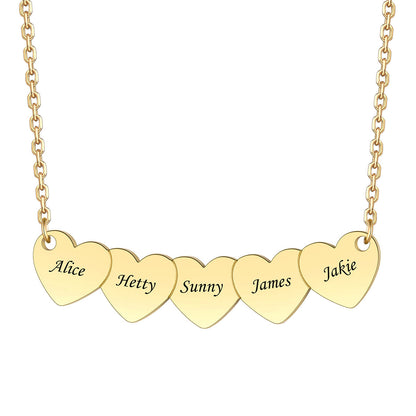 Custom 5 Hearts Name Necklace Gold Plated