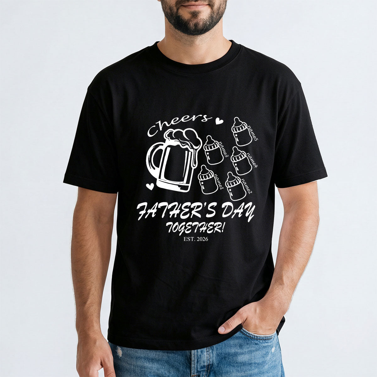 Custom 5 Name Cheers Bottle T Shirt for Dad Light Black