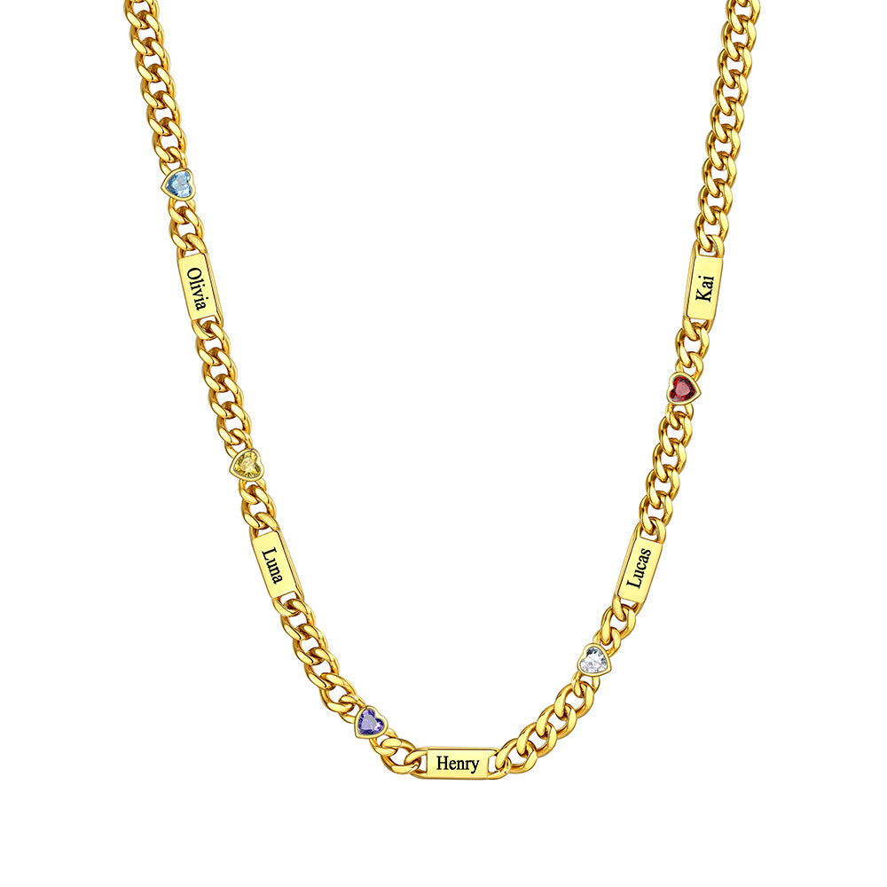 Custom 5 Names Necklace with Heart Birthstone Gold Plated