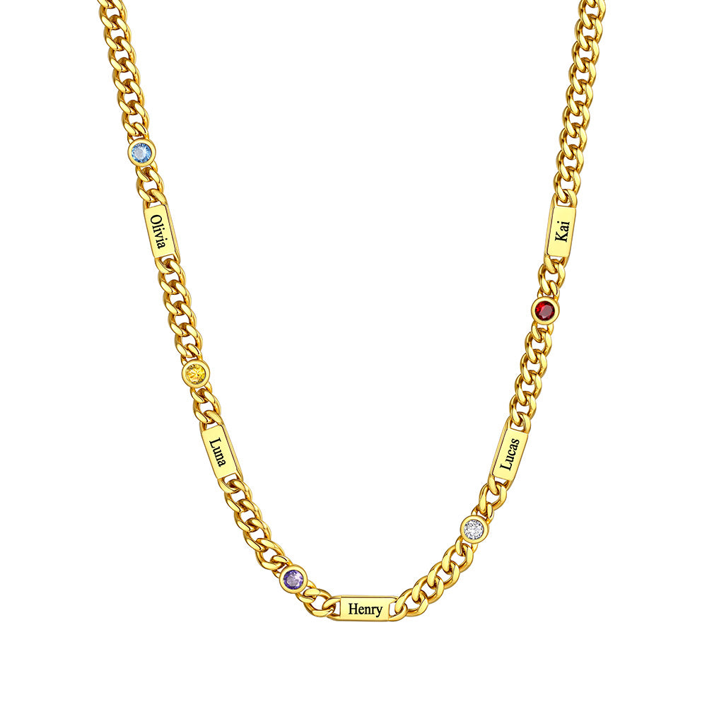 Custom 5 Names Necklace with Round Birthstone Gold Plated