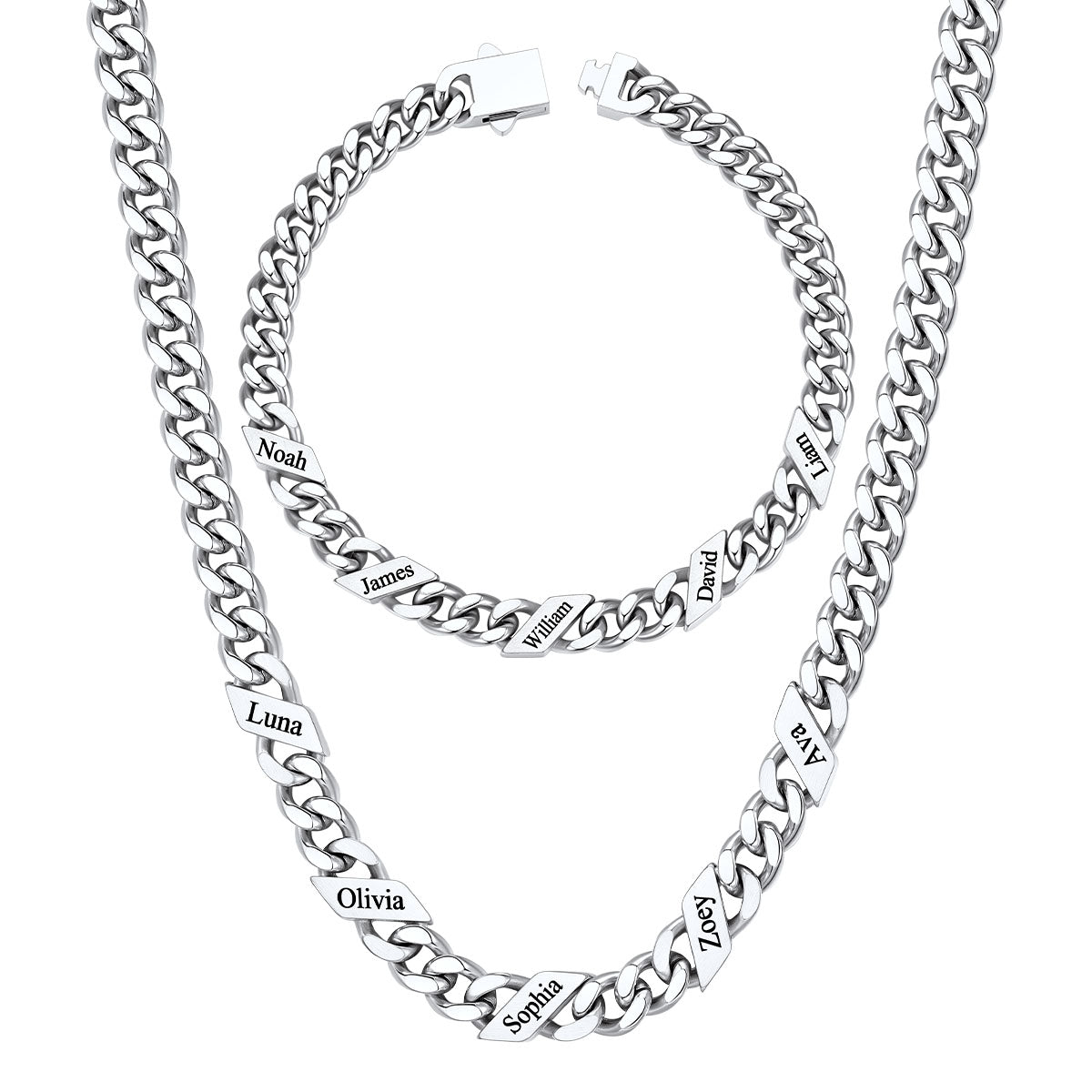 Custom 5 name Name Cuban Link Necklace Bracelet Set on a white background