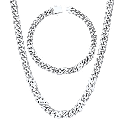 Custom 5 name Name Cuban Link Necklace Bracelet Set on a white background