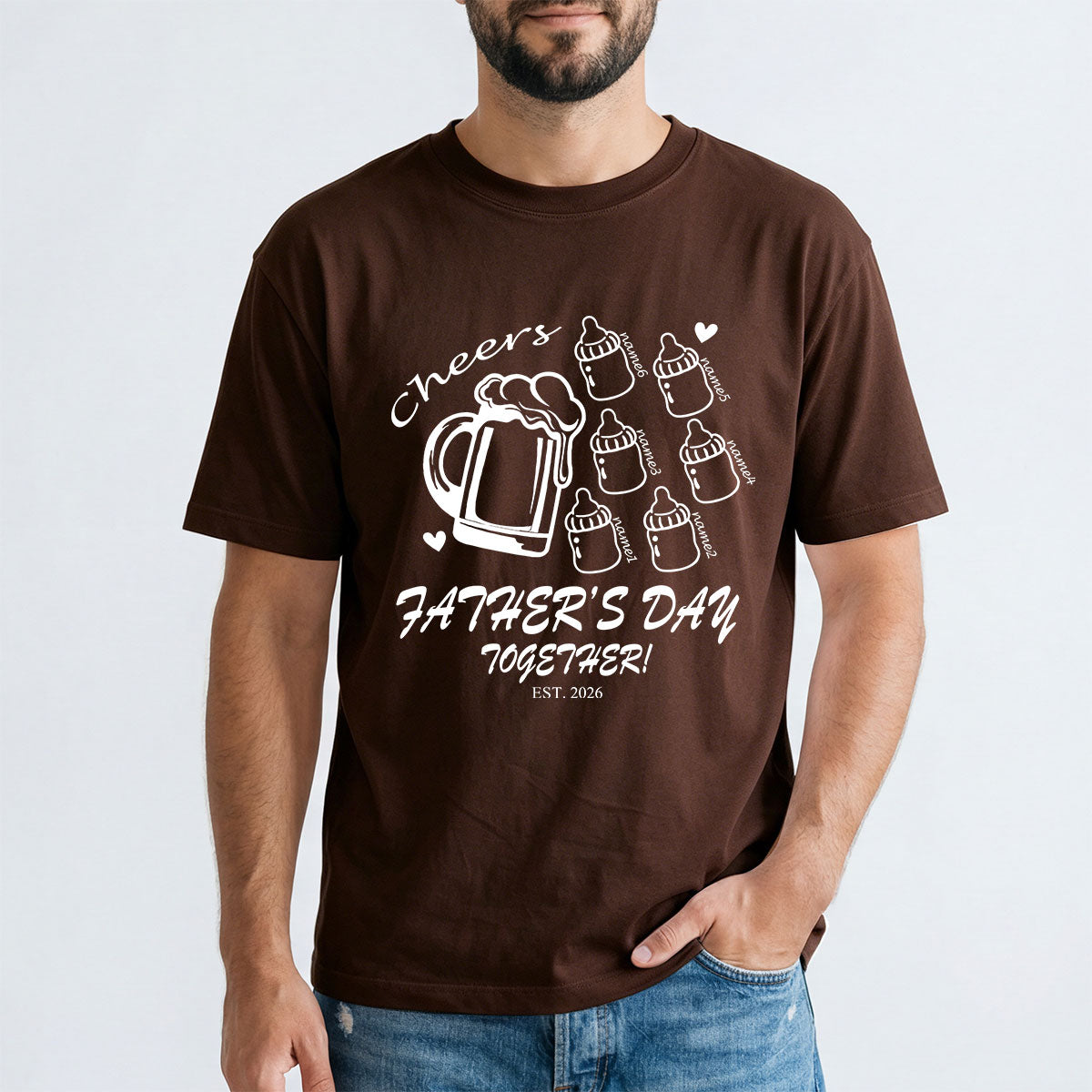 Custom 6 Name Cheers Bottle T Shirt for Dad Brown