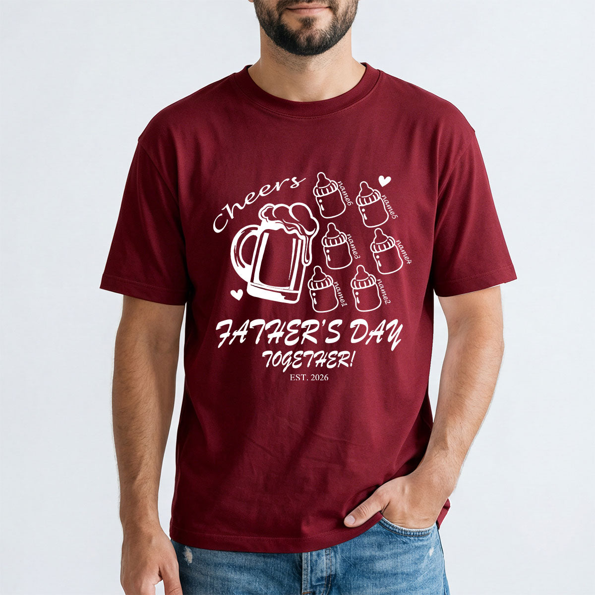 Custom 6 Name Cheers Bottle T Shirt for Dad Dark Red