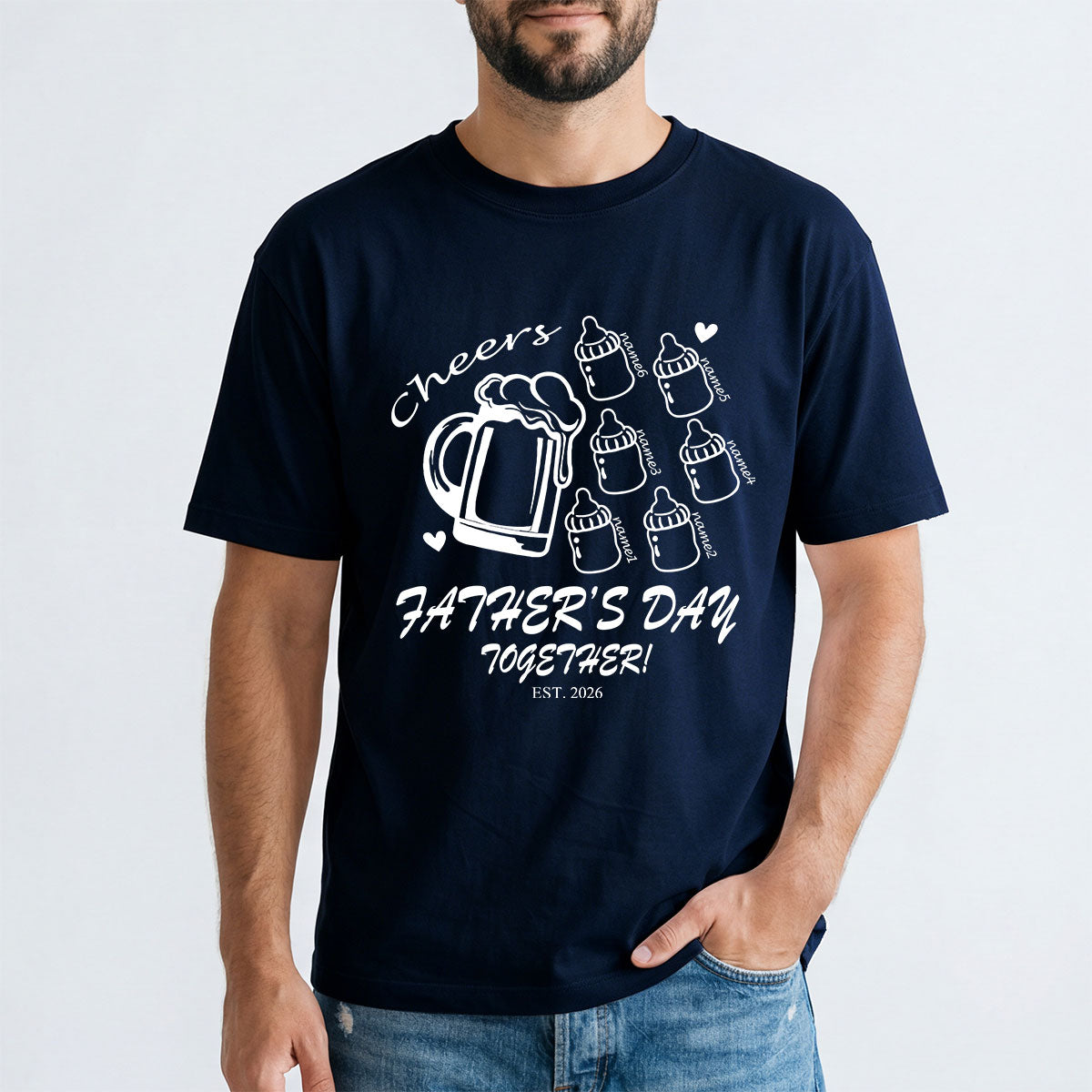 Custom 6 Name Cheers Bottle T Shirt for Dad Light Navyl Blue