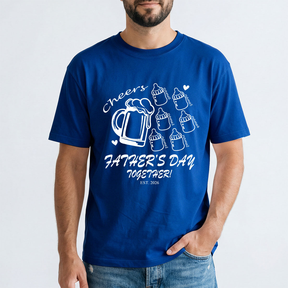 Custom 6 Name Cheers Bottle T Shirt for Dad Light Royal Blue