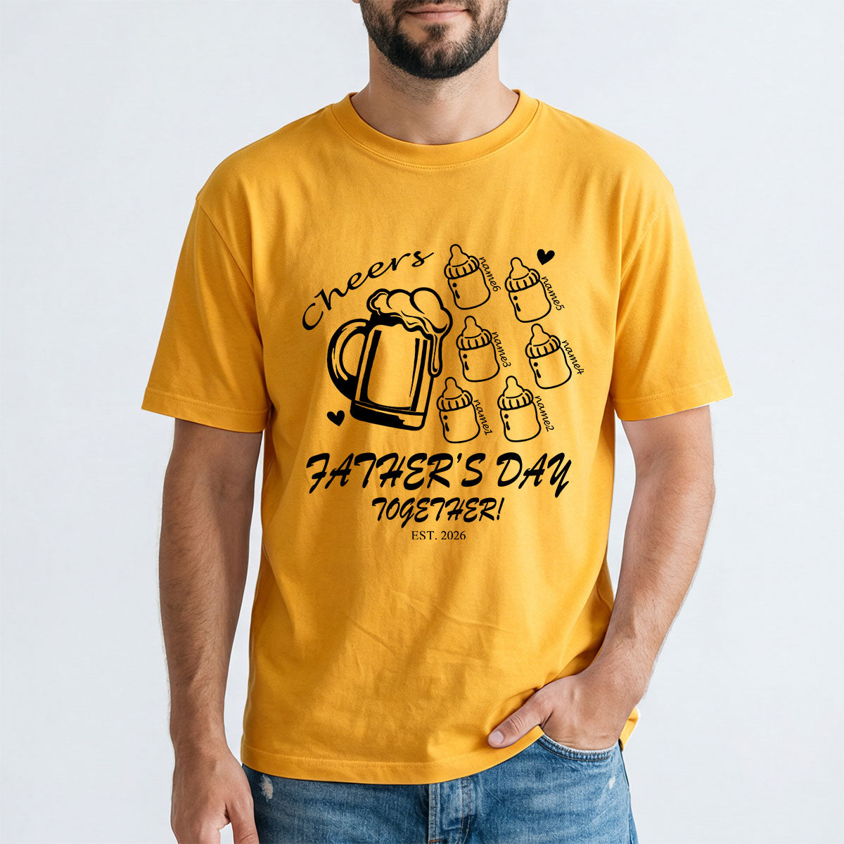 Custom 6 Name Cheers Bottle T Shirt for Dad Yellow