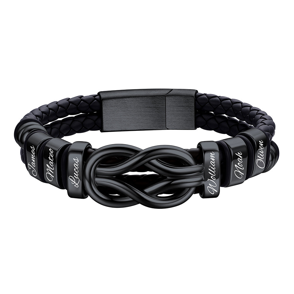Custom 6 Name Infinity Love Knot Leather Bracelet for Men on a white background