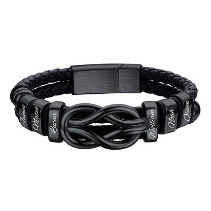 Custom 6 Name Infinity Love Knot Leather Bracelet for Men on a white background