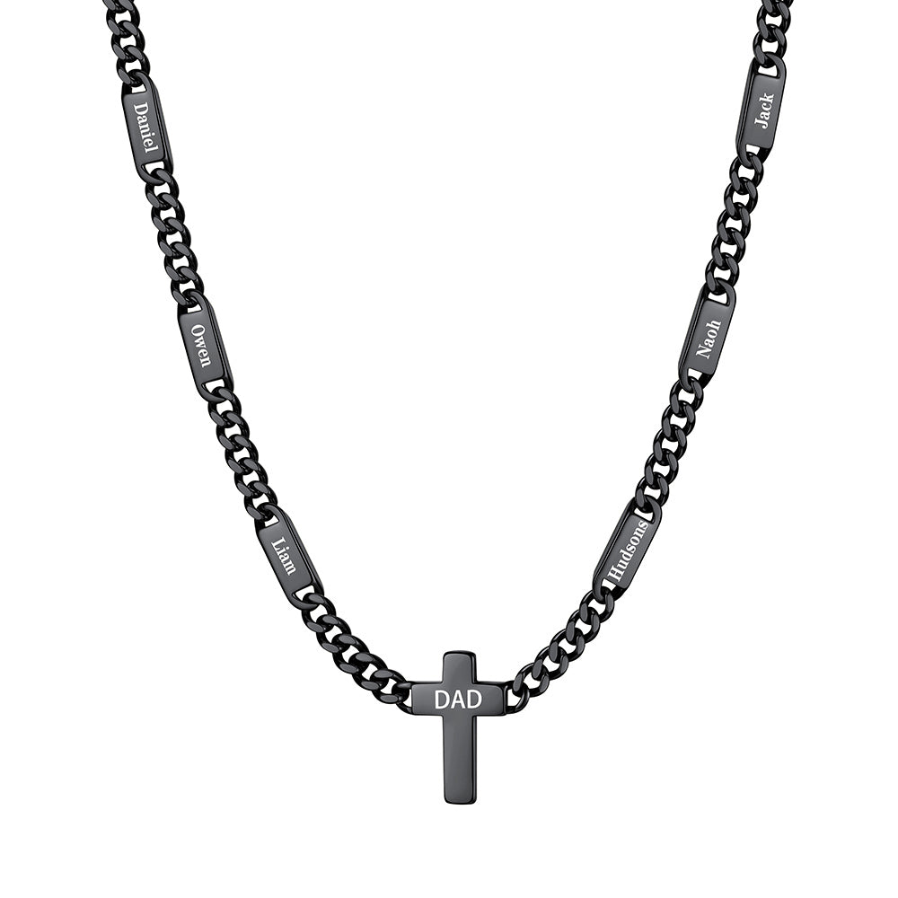 Custom 6 Names Cuban Chain Cross Necklace 7mm Black Plated