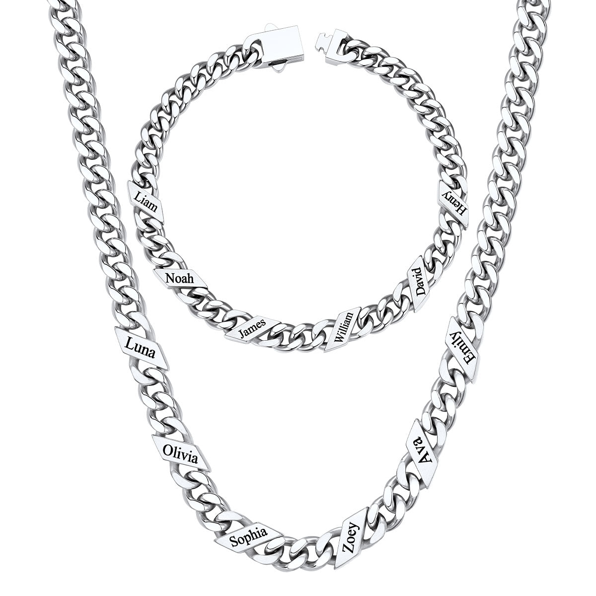 Custom 6 name Name Cuban Link Necklace Bracelet Set on a white background