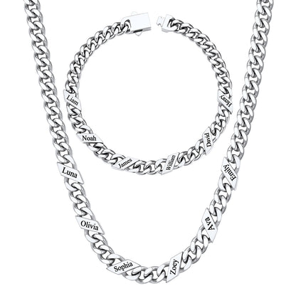 Custom 6 name Name Cuban Link Necklace Bracelet Set on a white background