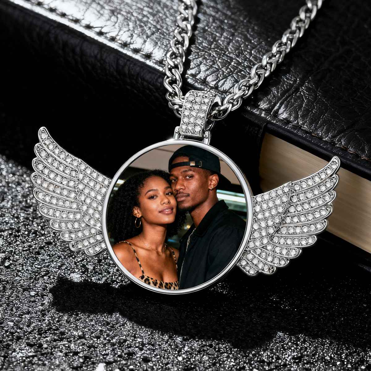 Custom Angel Wings Picture Necklace with CZ