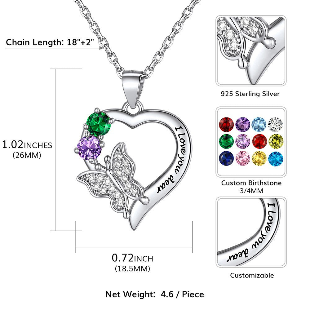 Custom Birthstone Butterfly Heart Necklace Dimension, Durable, Solid