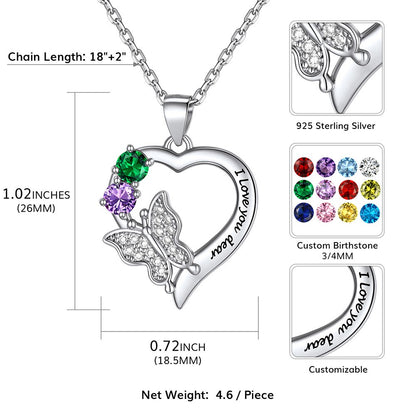 Custom Birthstone Butterfly Heart Necklace Dimension, Durable, Solid
