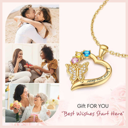 Custom Birthstone Butterfly Heart Necklace in Gold Plated