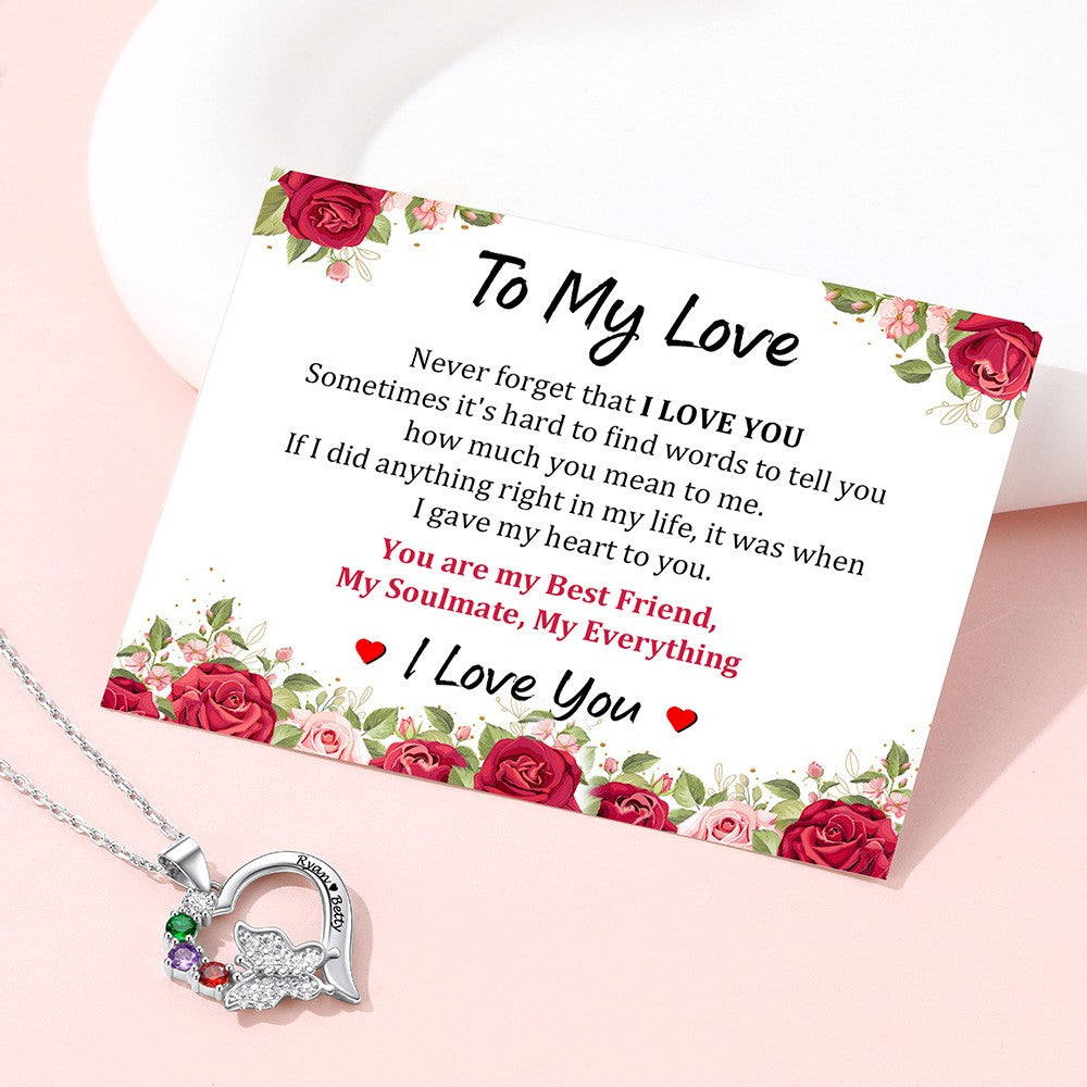 Custom Birthstone Butterfly Heart Necklace with Greeting Card