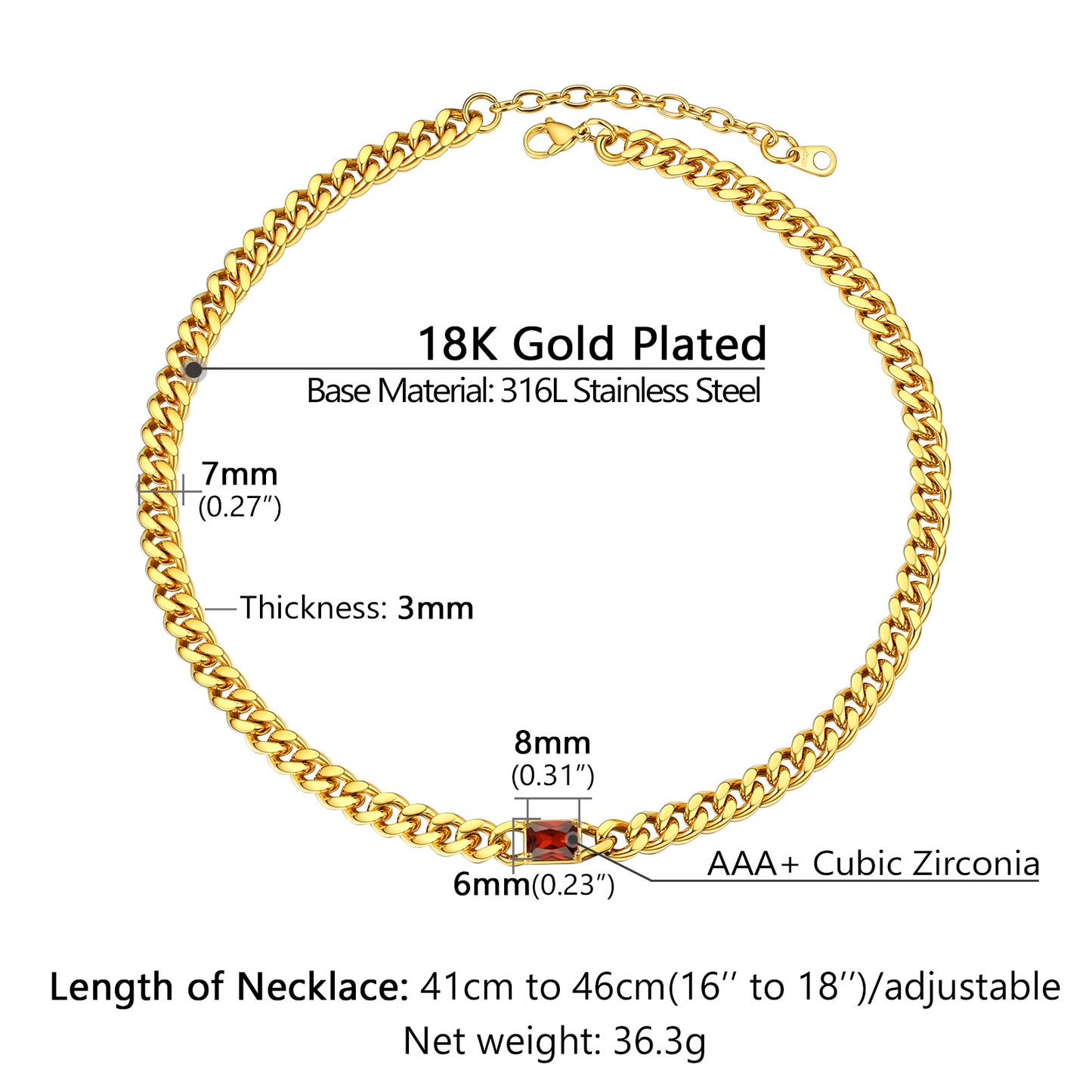 Custom Birthstone Cuban Link Choker Necklace Dimension, Durable
