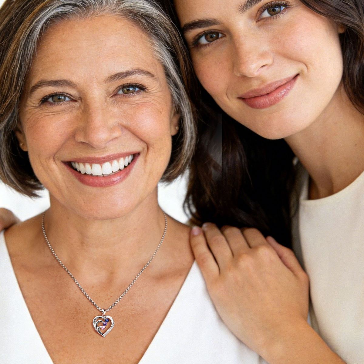 Custom Birthstone Heart Necklace With Names for Mom and Daughter