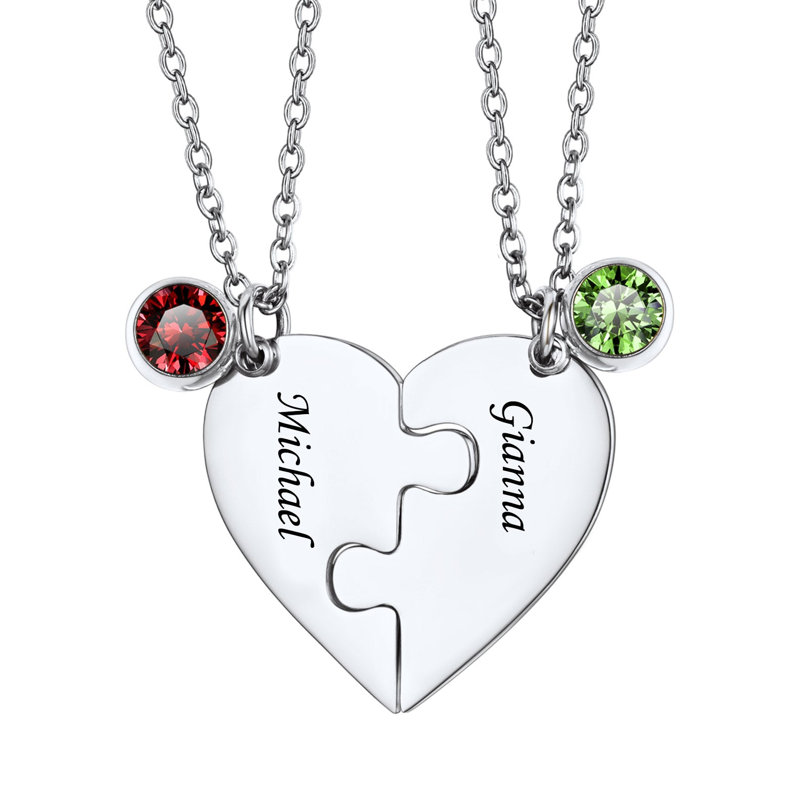 Custom Birthstone Heart Puzzle Matching Necklaces