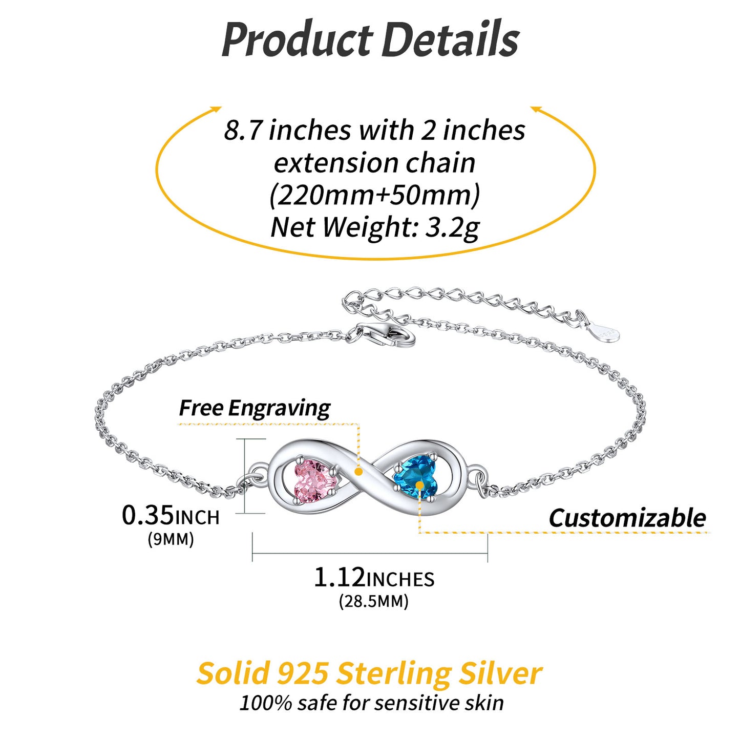 Custom Birthstone Infinity Anklet detail, customizable, safe for sensitive skin