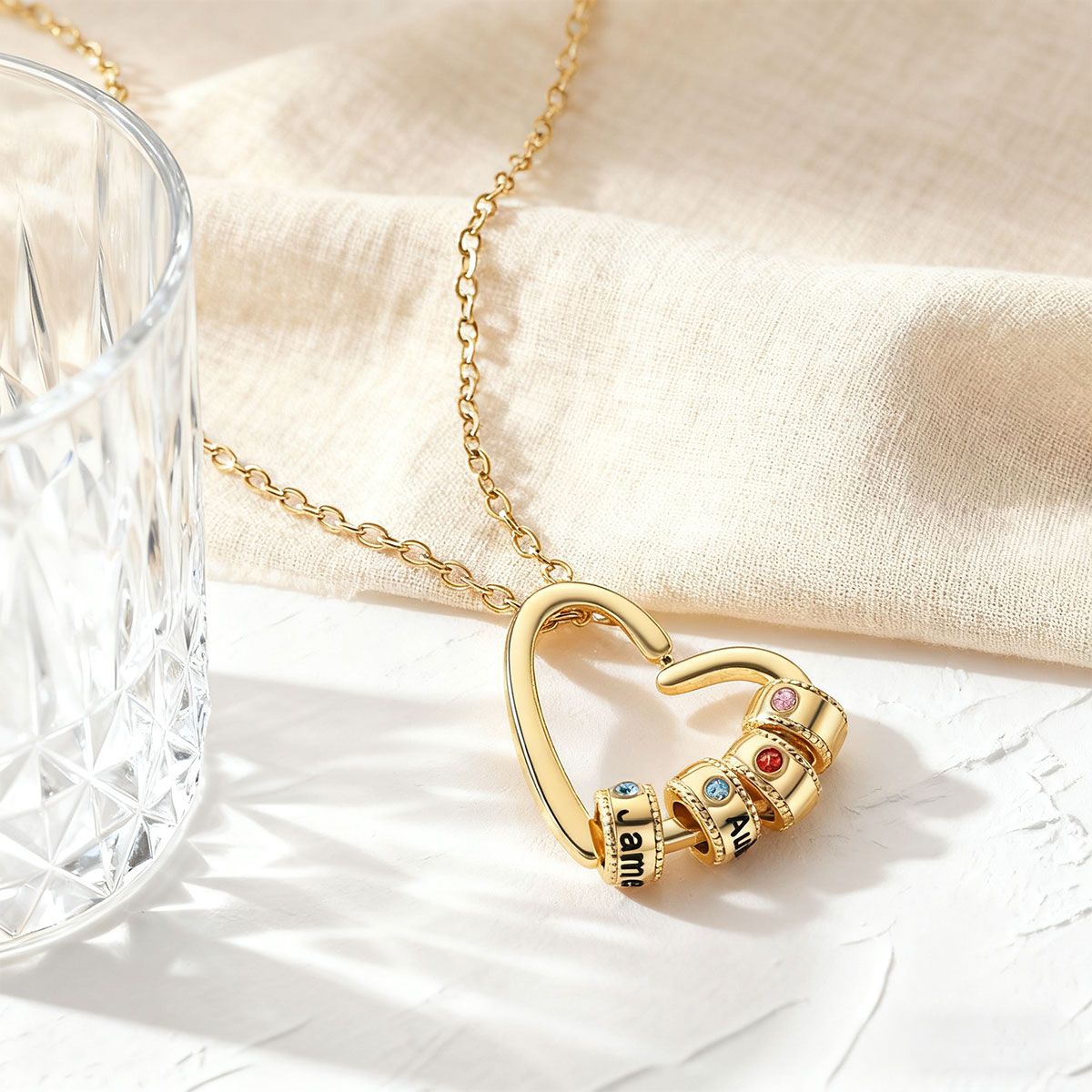 Custom Birthstone Names Beads Heart Necklace