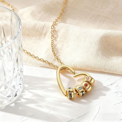 Custom Birthstone Names Beads Heart Necklace
